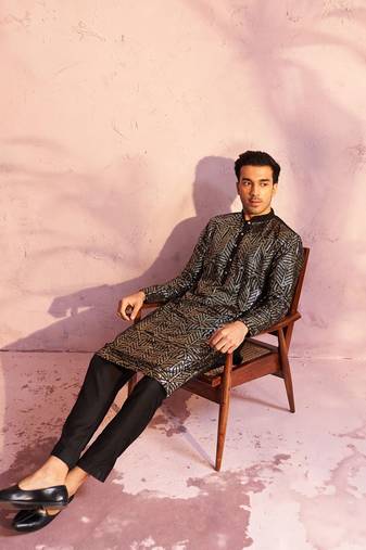 Men'S Black Georgette Kurta Pyjama Set