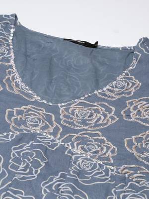 women's v-neck floral grey anarkali kurta and trouser with dupatta 3