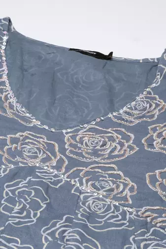 women's v-neck floral grey anarkali kurta and trouser with dupatta