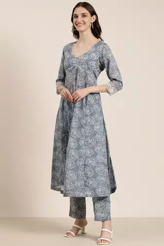 women's v-neck floral grey anarkali kurta and trouser with dupatta