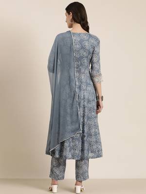 women's v-neck floral grey anarkali kurta and trouser with dupatta 5