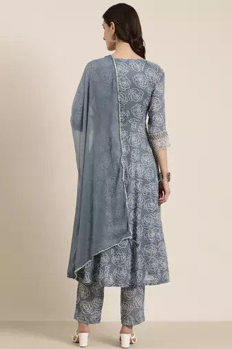 women's v-neck floral grey anarkali kurta and trouser with dupatta