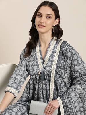 women's v-neck floral grey a-line kurta and trouser with dupatta 1