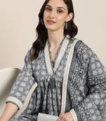 women's v-neck floral grey a-line kurta and trouser with dupatta