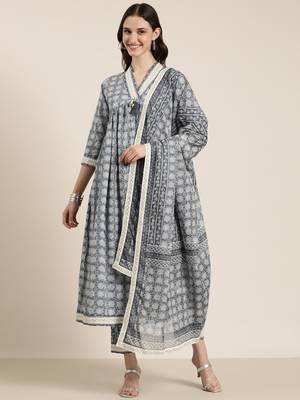 women's v-neck floral grey a-line kurta and trouser with dupatta 2
