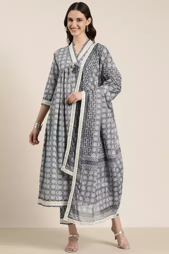 women's v-neck floral grey a-line kurta and trouser with dupatta