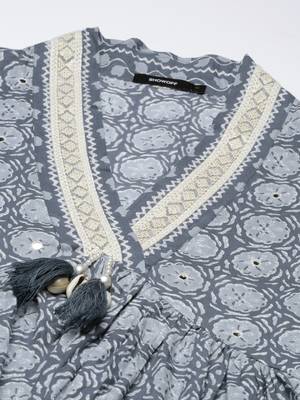 women's v-neck floral grey a-line kurta and trouser with dupatta 3