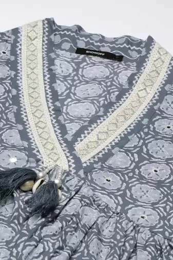 women's v-neck floral grey a-line kurta and trouser with dupatta