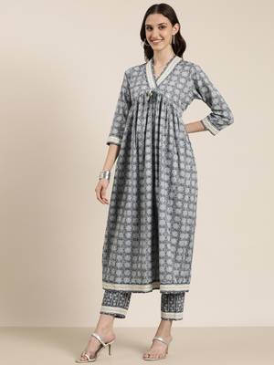 women's v-neck floral grey a-line kurta and trouser with dupatta 4