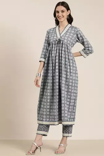 women's v-neck floral grey a-line kurta and trouser with dupatta