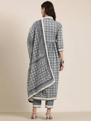 women's v-neck floral grey a-line kurta and trouser with dupatta 5