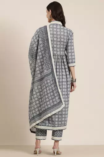 women's v-neck floral grey a-line kurta and trouser with dupatta