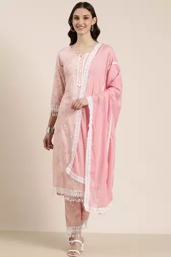 women's round neck floral pink straight kurta and trouser with dupatta