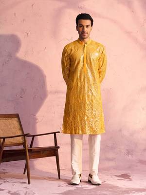 Men'S Yellow And Cream Georgette Kurta Pyjama Set 1