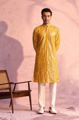 Men'S Yellow And Cream Georgette Kurta Pyjama Set