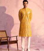 Men'S Yellow And Cream Georgette Kurta Pyjama Set