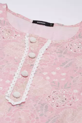 women's round neck floral pink straight kurta and trouser with dupatta