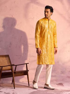 Men'S Yellow And Cream Georgette Kurta Pyjama Set 2