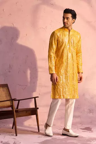 Men'S Yellow And Cream Georgette Kurta Pyjama Set