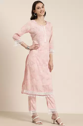 women's round neck floral pink straight kurta and trouser with dupatta