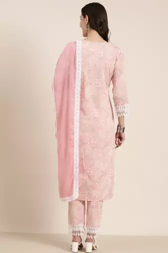 women's round neck floral pink straight kurta and trouser with dupatta
