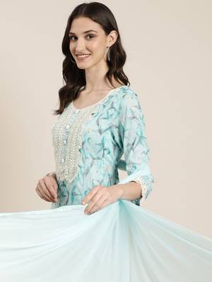 Showoff women's round neck floral turquoise blue anarkali kurta and trouser with dupatta 1