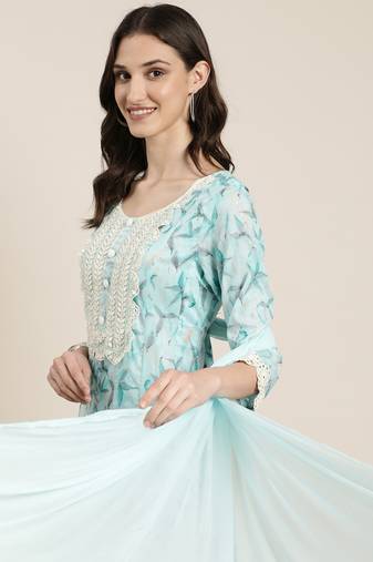 Showoff women's round neck floral turquoise blue anarkali kurta and trouser with dupatta