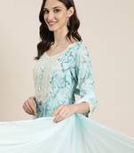 Showoff women's round neck floral turquoise blue anarkali kurta and trouser with dupatta