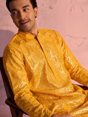 Men'S Yellow And Cream Georgette Kurta Pyjama Set 4