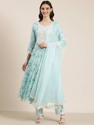 Showoff women's round neck floral turquoise blue anarkali kurta and trouser with dupatta 2