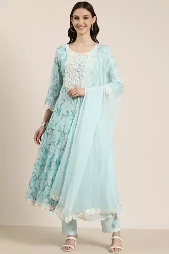 Showoff women's round neck floral turquoise blue anarkali kurta and trouser with dupatta