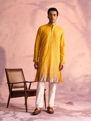 Yellow And Cream Georgette Kurta Pyjama Set 1