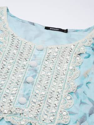 Showoff women's round neck floral turquoise blue anarkali kurta and trouser with dupatta 3