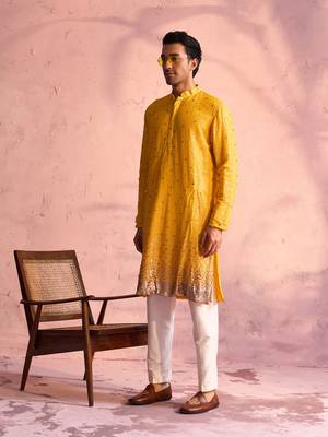 Yellow And Cream Georgette Kurta Pyjama Set 2