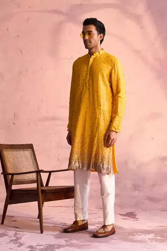 Yellow And Cream Georgette Kurta Pyjama Set