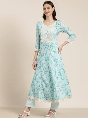Showoff women's round neck floral turquoise blue anarkali kurta and trouser with dupatta 4