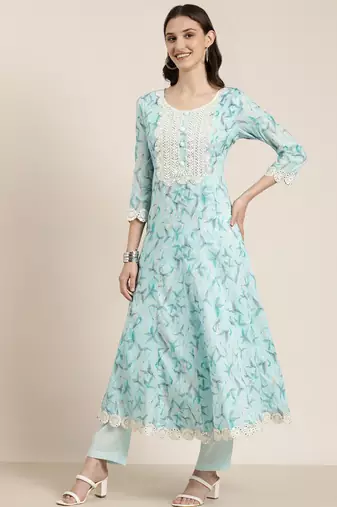 Showoff women's round neck floral turquoise blue anarkali kurta and trouser with dupatta