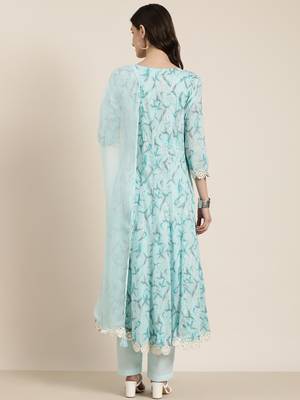 Showoff women's round neck floral turquoise blue anarkali kurta and trouser with dupatta 5