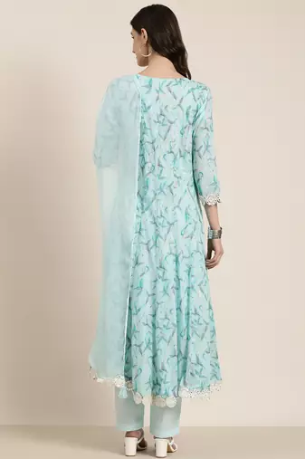 Showoff women's round neck floral turquoise blue anarkali kurta and trouser with dupatta