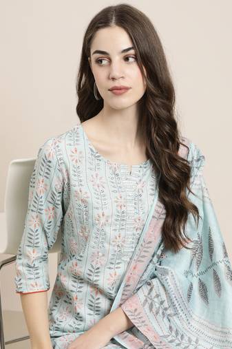 Showoff women's round neck floral sea green straight kurta and trouser with dupatta