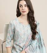 Showoff women's round neck floral sea green straight kurta and trouser with dupatta