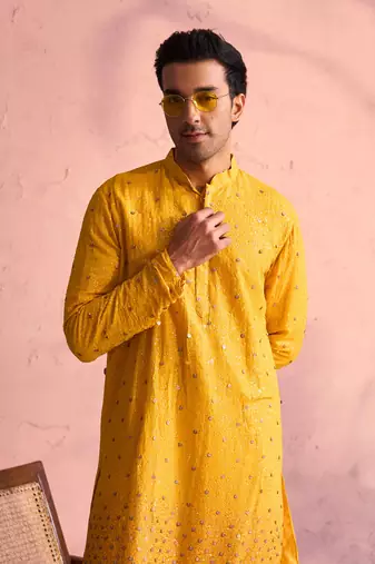 Yellow And Cream Georgette Kurta Pyjama Set