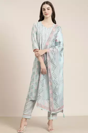 Showoff women's round neck floral sea green straight kurta and trouser with dupatta