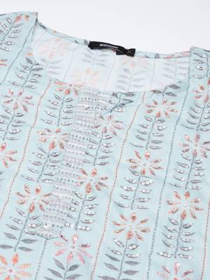 Showoff women's round neck floral sea green straight kurta and trouser with dupatta 3