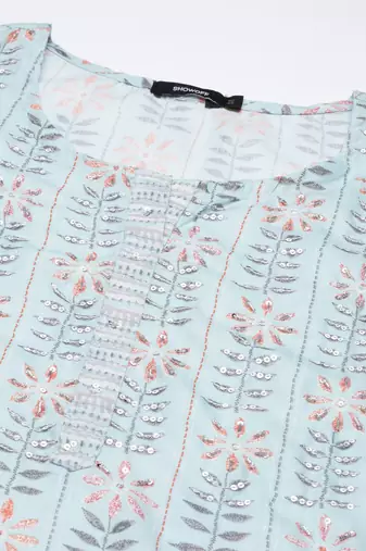 Showoff women's round neck floral sea green straight kurta and trouser with dupatta