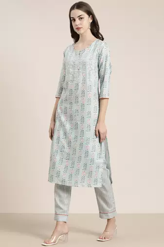 Showoff women's round neck floral sea green straight kurta and trouser with dupatta