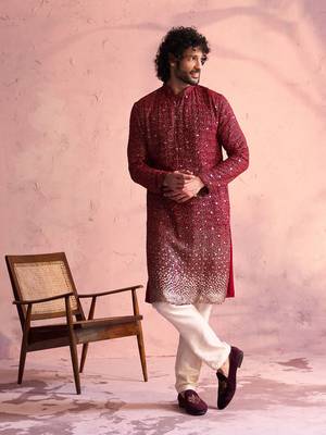 Maroon And Cream Georgette Kurta Pyjama Set 1