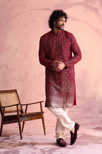 Men'S Maroon And Cream Georgette Kurta Pyjama Set