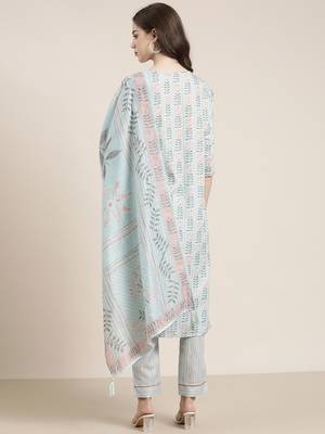 Showoff women's round neck floral sea green straight kurta and trouser with dupatta 5