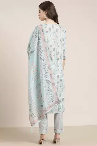 Showoff women's round neck floral sea green straight kurta and trouser with dupatta